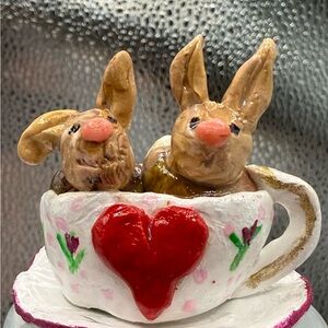 Perfect Valentines Day gift Tiny Bunny Figurines in Heart Cup